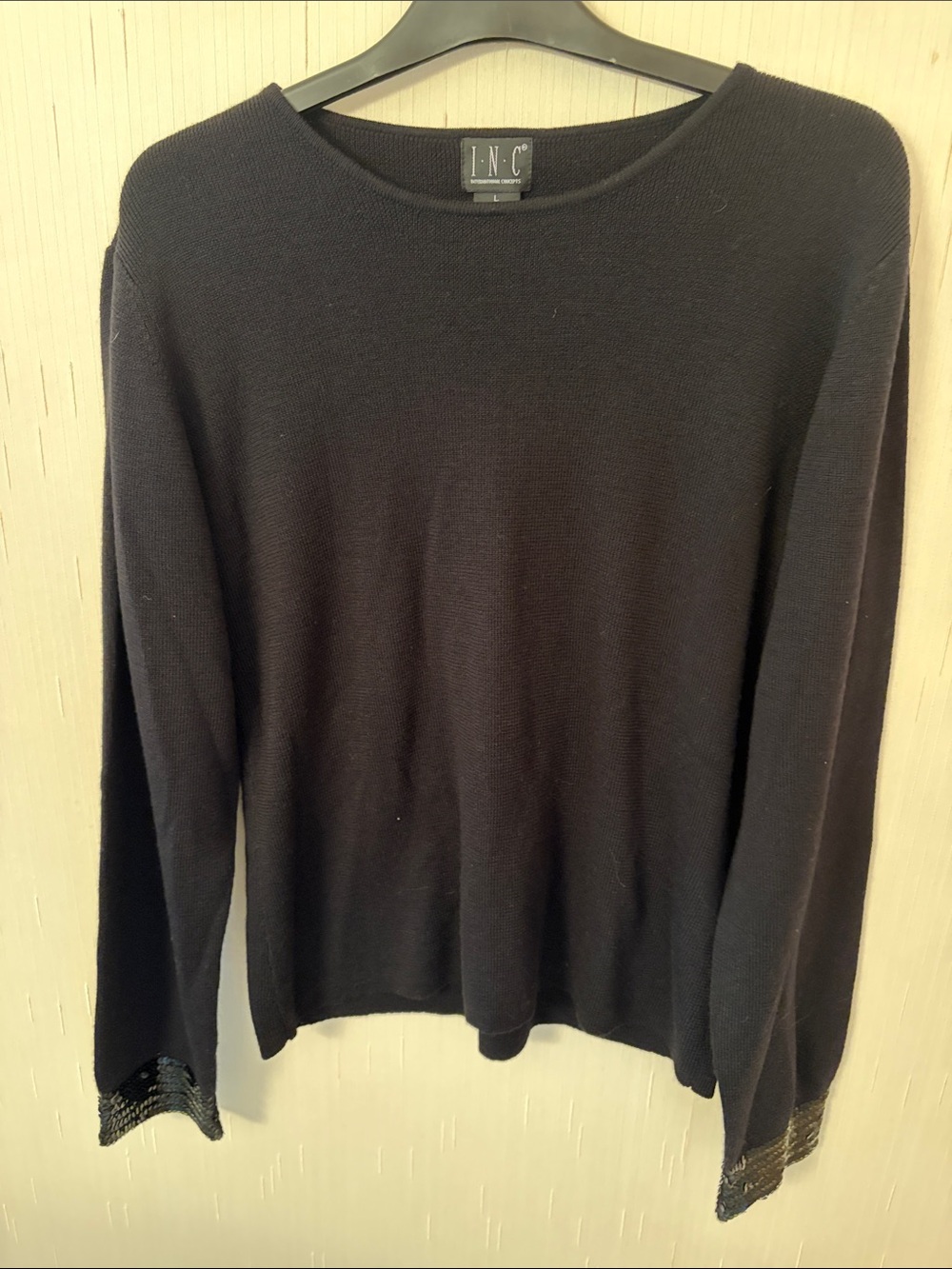INC International Concepts Black Crewneck Sweater with Sequin Trimmed Cuffs